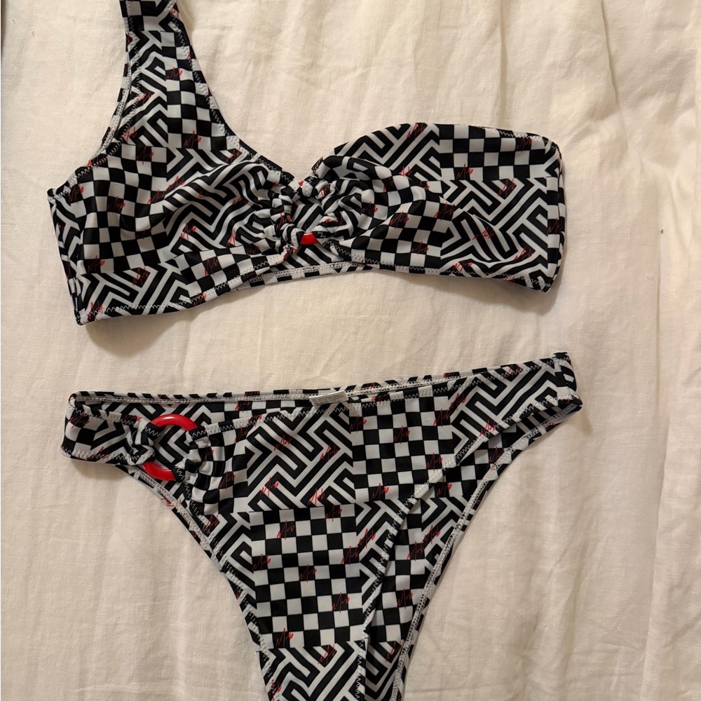 Strawberry Milk Mob Black & White Geometric One-Shoulder Bikini top